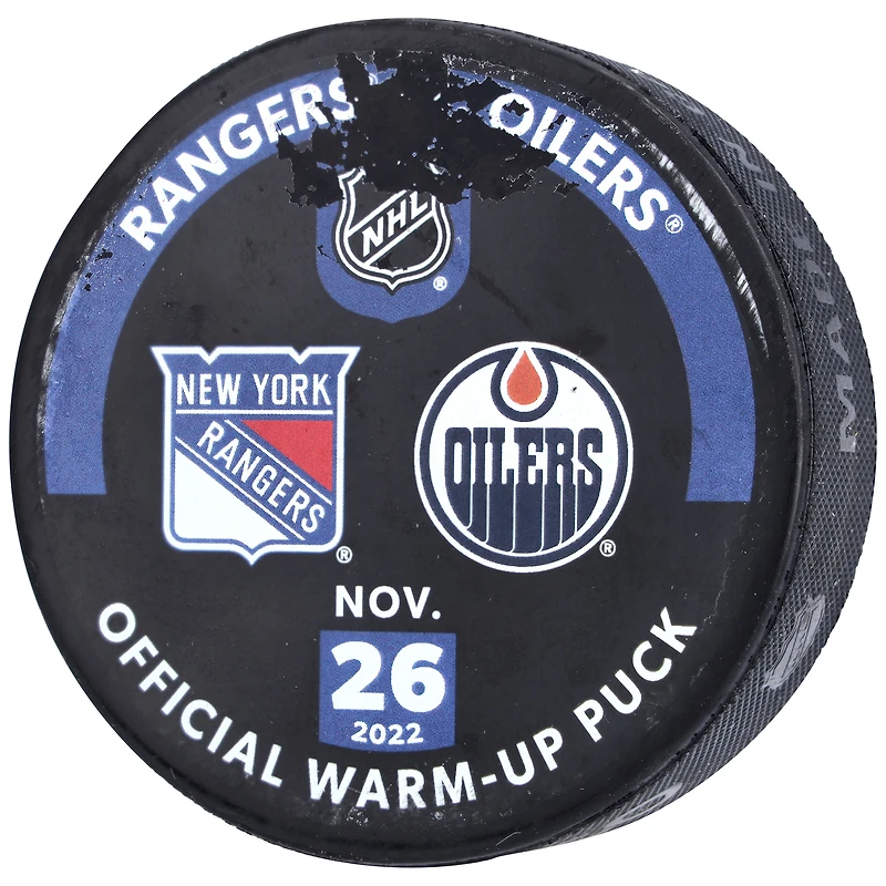 New York Rangers Practice-Used Puck Used During Warmups vs. Edmonton Oilers on November 26 2022