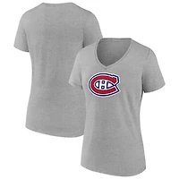 Women's Heather Gray Montreal Canadiens Primary Logo Team V-Neck T-Shirt