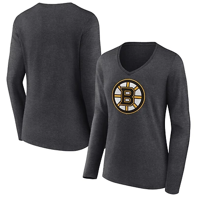 Women's Heather Charcoal Boston Bruins Primary Team Logo Long Sleeve V-Neck T-Shirt