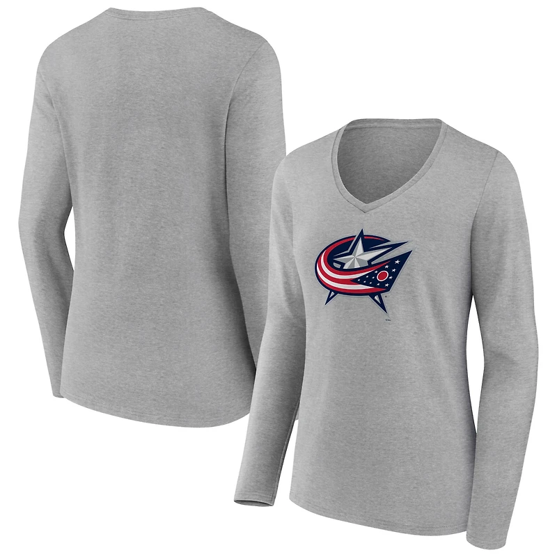 Women's Heather Gray Columbus Blue Jackets Primary Logo Team Long Sleeve V-Neck T-Shirt