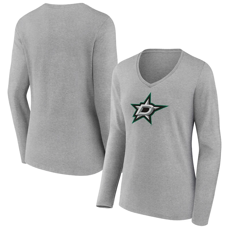 Women's Heather Gray Dallas Stars Primary Logo Team Long Sleeve V-Neck T-Shirt
