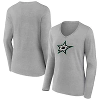 Women's Heather Gray Dallas Stars Primary Logo Team Long Sleeve V-Neck T-Shirt