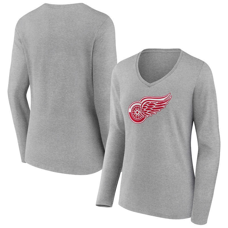Women's Heather Gray Detroit Red Wings Primary Logo Team Long Sleeve V-Neck T-Shirt