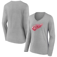 Women's Heather Gray Detroit Red Wings Primary Logo Team Long Sleeve V-Neck T-Shirt