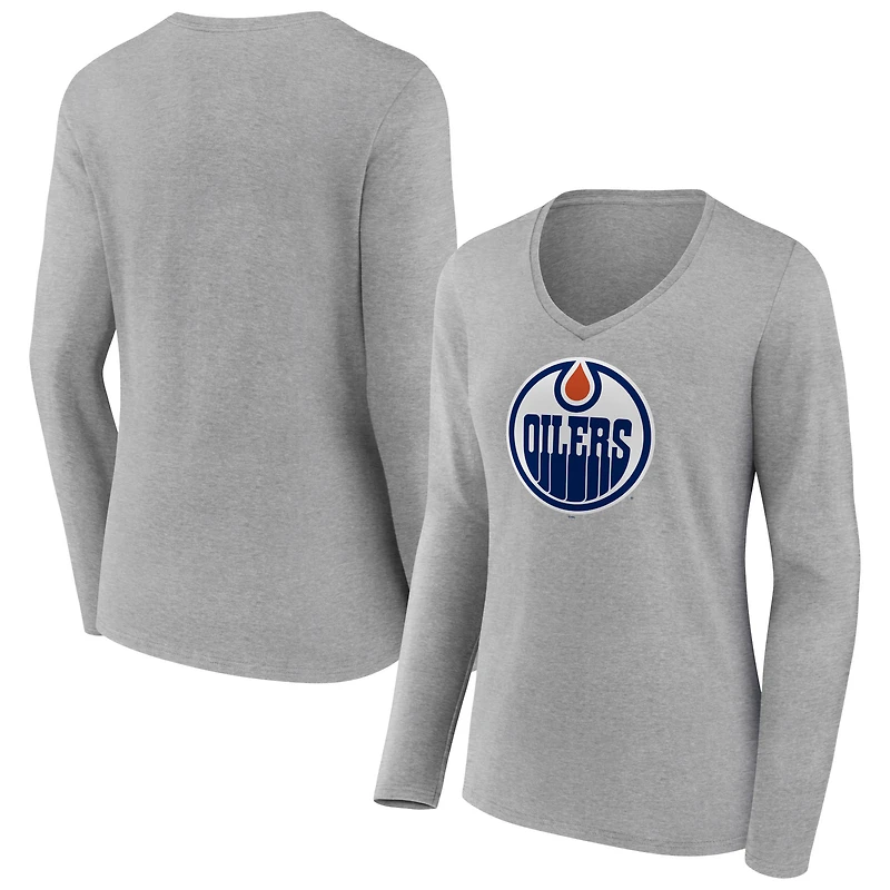 Women's Heather Gray Edmonton Oilers Primary Logo Team Long Sleeve V-Neck T-Shirt