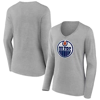 Women's Heather Gray Edmonton Oilers Primary Logo Team Long Sleeve V-Neck T-Shirt