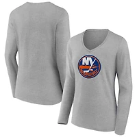 Women's Heather Gray New York Islanders Primary Logo Team Long Sleeve V-Neck T-Shirt