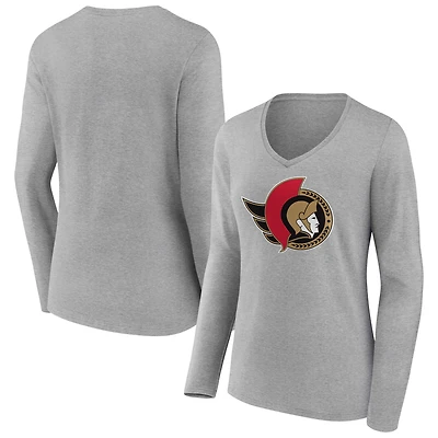 Women's Heather Gray Ottawa Senators Primary Logo Team Long Sleeve V-Neck T-Shirt