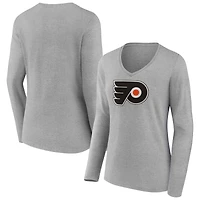 Women's Heather Gray Philadelphia Flyers Primary Logo Team Long Sleeve V-Neck T-Shirt