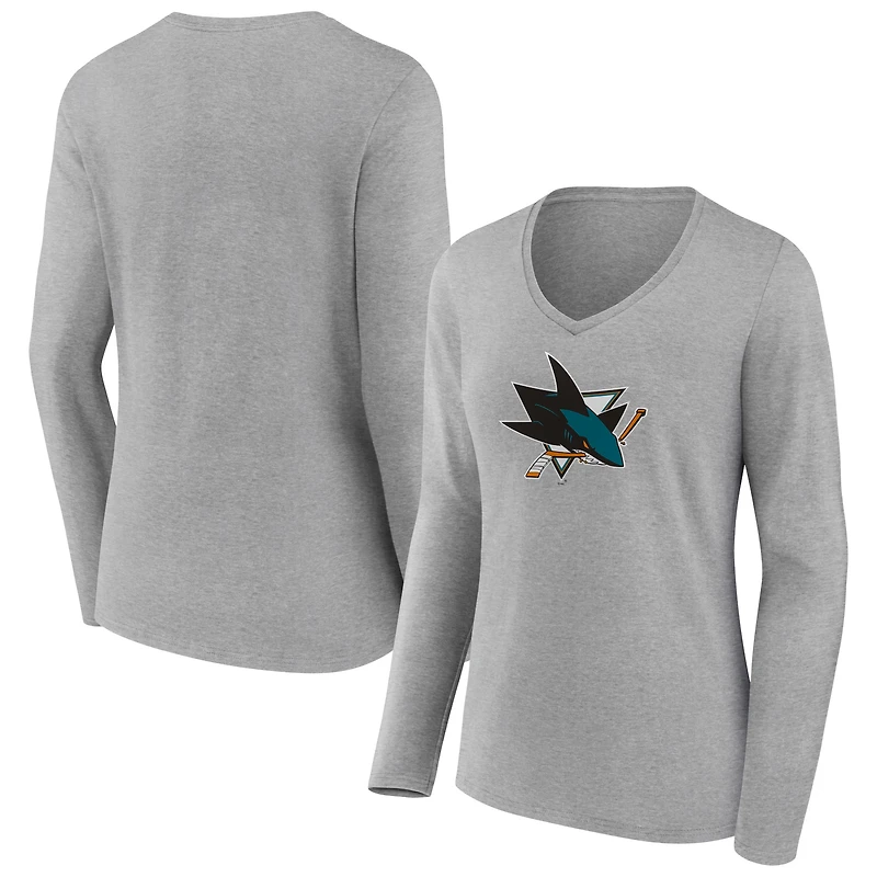 Women's Heather Gray San Jose Sharks Primary Logo Team Long Sleeve V-Neck T-Shirt