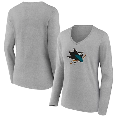 Women's Heather Gray San Jose Sharks Primary Logo Team Long Sleeve V-Neck T-Shirt