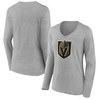 Women's Heather Gray Vegas Golden Knights Primary Logo Team Long Sleeve V-Neck T-Shirt