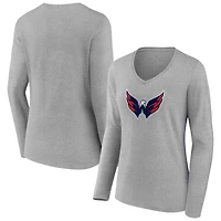 Women's Heather Gray Washington Capitals Primary Logo Team Long Sleeve V-Neck T-Shirt