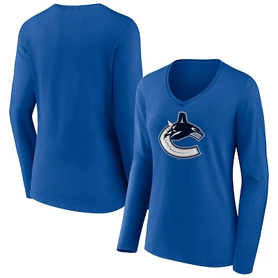Women's Blue Vancouver Canucks Primary Logo Team Long Sleeve V-Neck T-Shirt