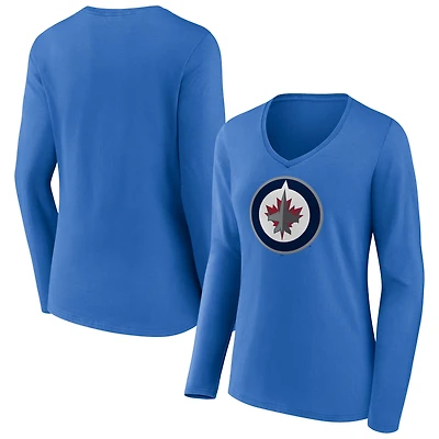 Women's Blue Winnipeg Jets Primary Team Logo Long Sleeve V-Neck T-Shirt
