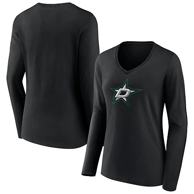 Women's Black Dallas Stars Primary Team Logo Long Sleeve V-Neck T-Shirt