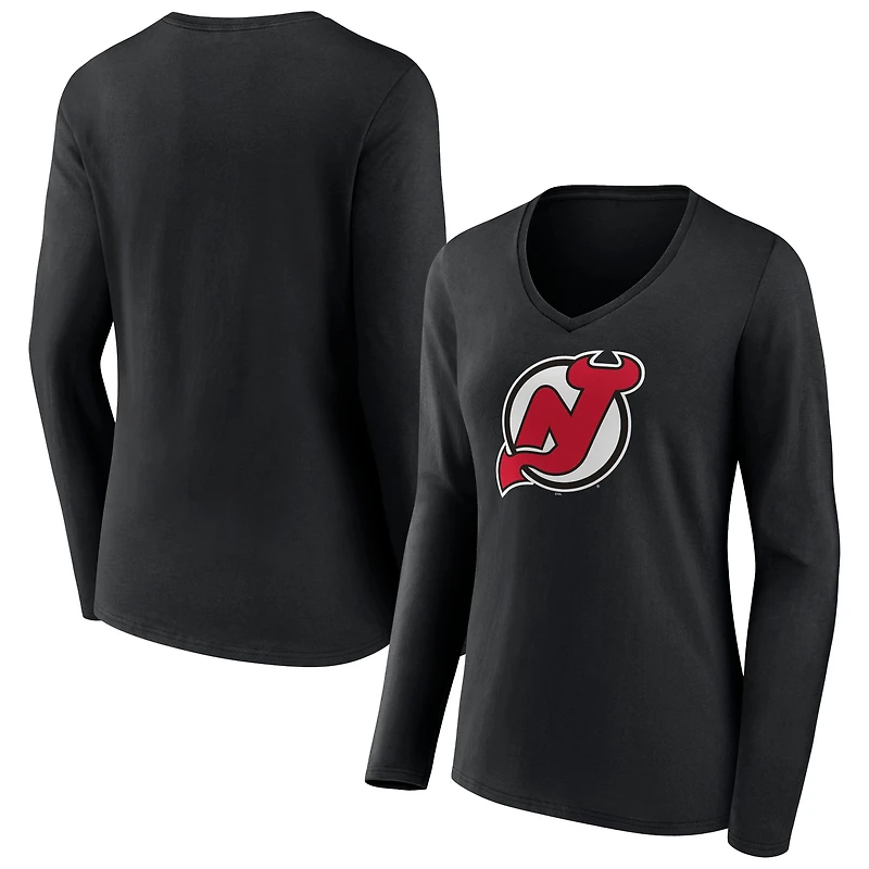 Women's Black New Jersey Devils Primary Team Logo Long Sleeve V-Neck T-Shirt