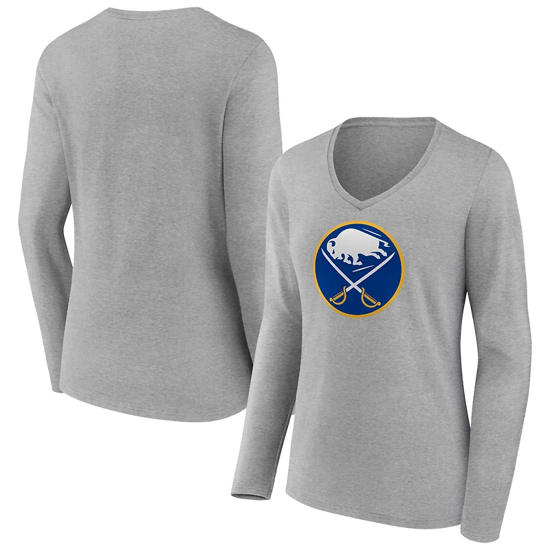 Women's Heather Gray Buffalo Sabres Primary Logo Team Long Sleeve V-Neck T-Shirt