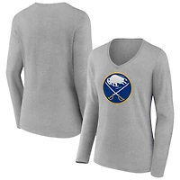 Women's Heather Gray Buffalo Sabres Primary Logo Team Long Sleeve V-Neck T-Shirt