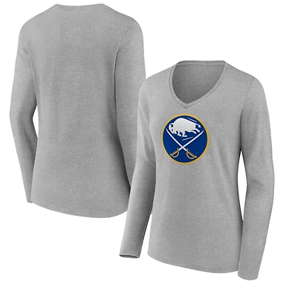 Women's Heather Gray Buffalo Sabres Primary Logo Team Long Sleeve V-Neck T-Shirt
