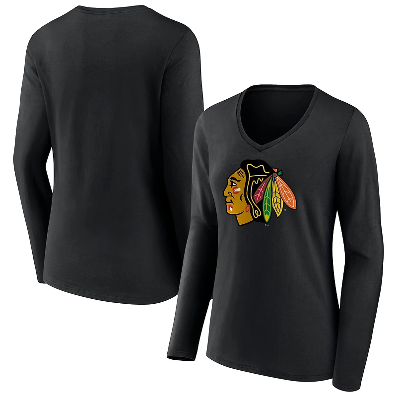 Women's Black Chicago Blackhawks Primary Team Logo Long Sleeve V-Neck T-Shirt