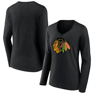 Women's Black Chicago Blackhawks Primary Team Logo Long Sleeve V-Neck T-Shirt