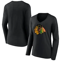 Women's Black Chicago Blackhawks Primary Team Logo Long Sleeve V-Neck T-Shirt