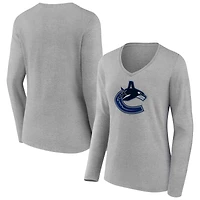 Women's Heather Gray Vancouver Canucks Primary Logo Team Long Sleeve V-Neck T-Shirt