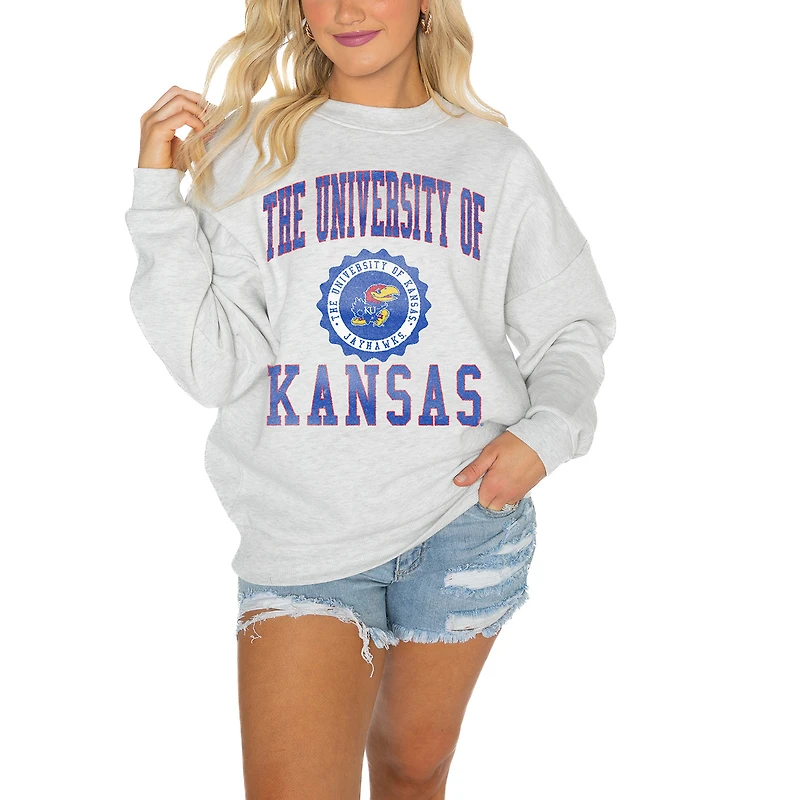 Women's Gameday Couture Kansas Jayhawks Gray Oversized Drop Shoulder Fleece Drop Pullover Sweatshirt