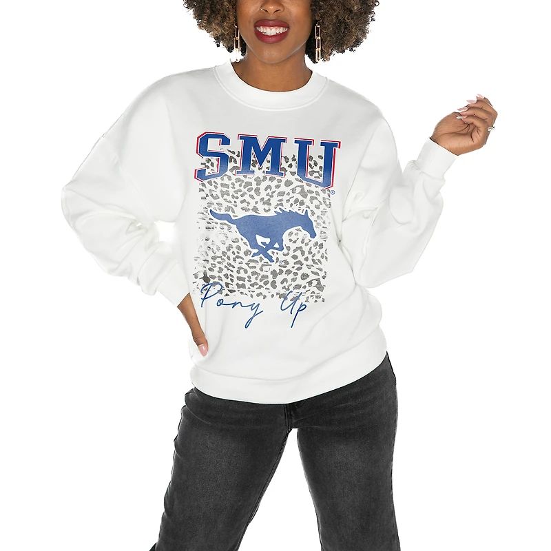 Women's Gameday Couture SMU Mustangs White Oversized Drop Shoulder Fleece Drop Pullover Sweatshirt