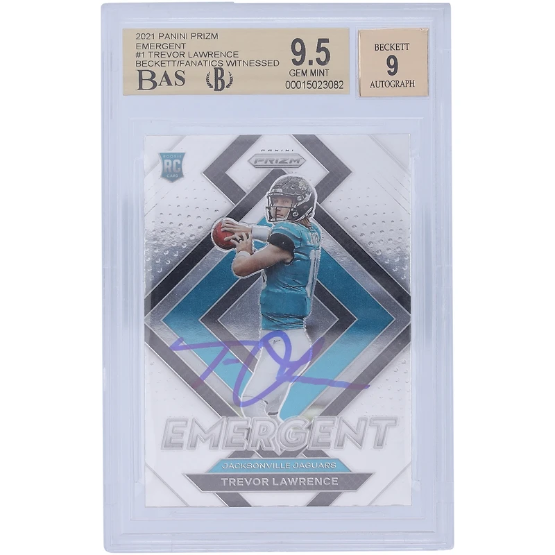 Trevor Lawrence Jacksonville Jaguars Autographed 2021 Panini Prizm Emergent #E-1 Beckett Fanatics Witnessed Authenticated 9.5/9 Rookie Card
