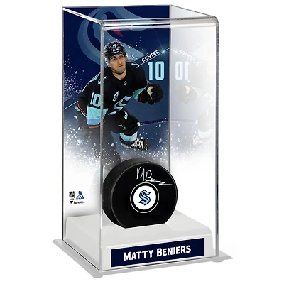 Matty Beniers Seattle Kraken Autographed Puck with Deluxe Tall Hockey Puck Case