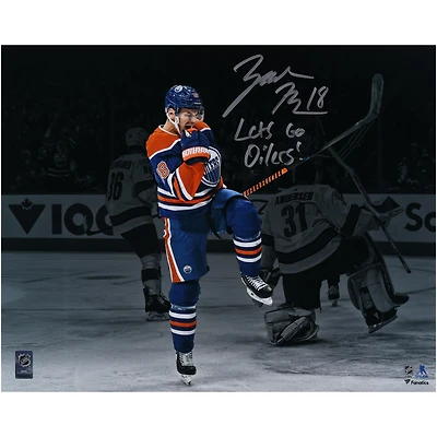 Zach Hyman Edmonton Oilers Autographed 16" x 20" Blue Jersey Celebrating Photograph with "Lets Go Oilers!" Inscription
