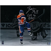 Zach Hyman Edmonton Oilers Autographed 16" x 20" Blue Jersey Celebrating Photograph with "Lets Go Oilers!" Inscription