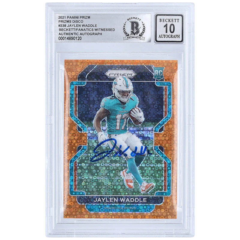 Jaylen Waddle Miami Dolphins Autographed 2021 Panini Prizm Orange Disco #338 Beckett Fanatics Witnessed Authenticated 10 Rookie Card