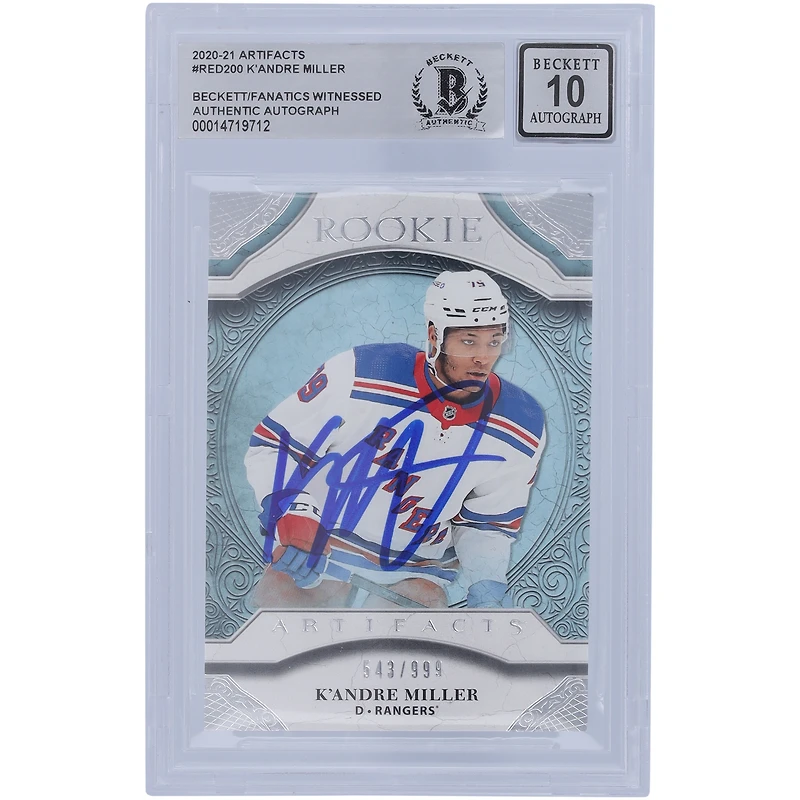 K'Andre Miller New York Rangers Autographed 2020-21 Upper Deck Artifacts #RED200 #543/999 Beckett Fanatics Witnessed Authenticated 10 Rookie Card