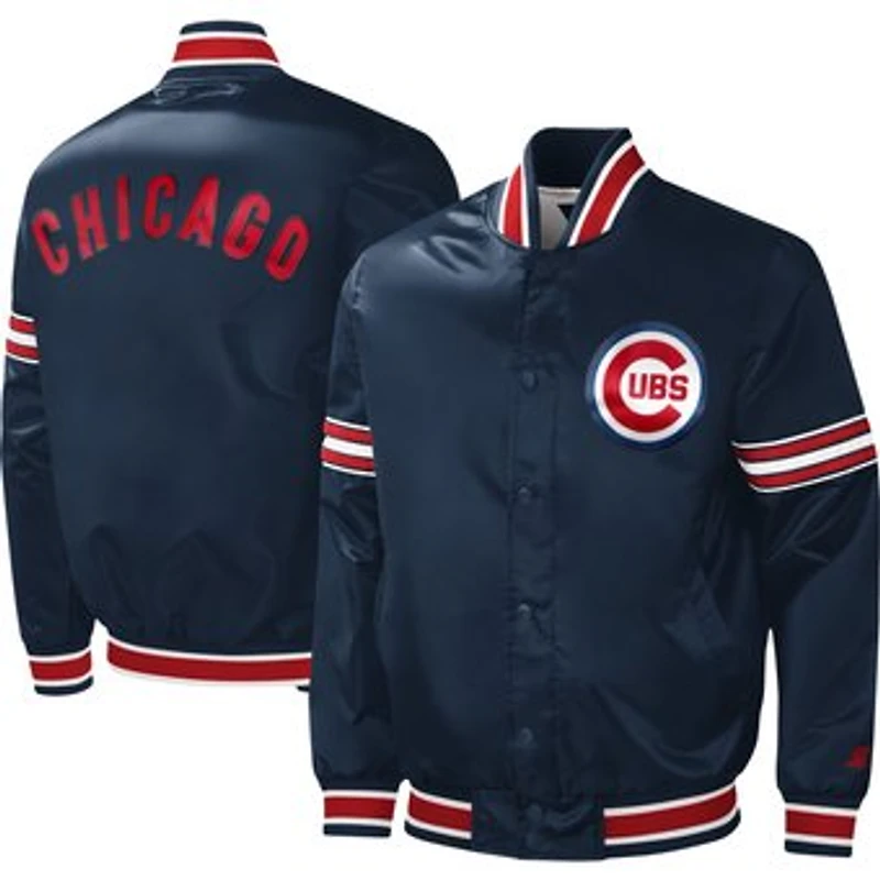 Men's Starter Navy Chicago Cubs Slider Satin Full-Snap Varsity Jacket