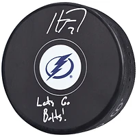 Haydn Fleury Tampa Bay Lightning Autographed Hockey Puck with "Lets Go Bolts!" Inscription