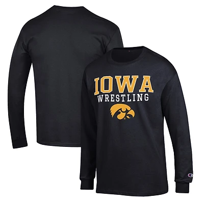 Men's Champion Black Iowa Hawkeyes Wrestling Stack Logo Long Sleeve T-Shirt