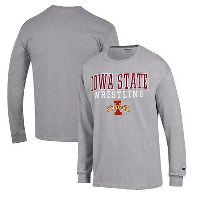 Men's Champion Gray Iowa State Cyclones Wrestling Stack Logo Long Sleeve T-Shirt