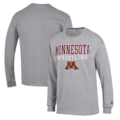 Men's Champion Gray Minnesota Golden Gophers Wrestling Stack Logo Long Sleeve T-Shirt
