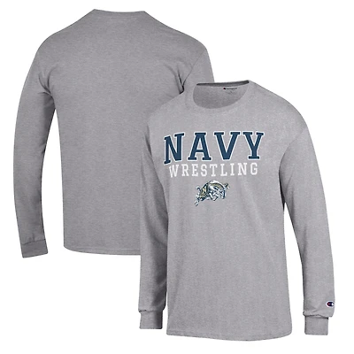 Men's Champion Gray Navy Midshipmen Wrestling Stack Logo Long Sleeve T-Shirt
