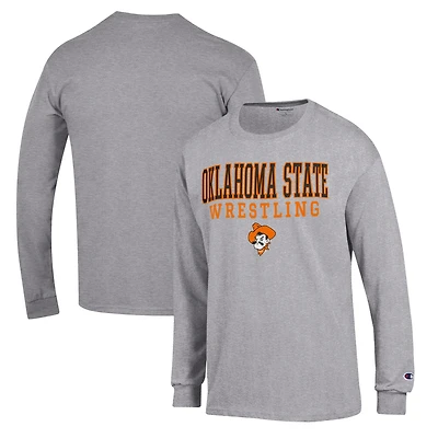 Men's Champion Gray Oklahoma State Cowboys Wrestling Stack Logo Long Sleeve T-Shirt