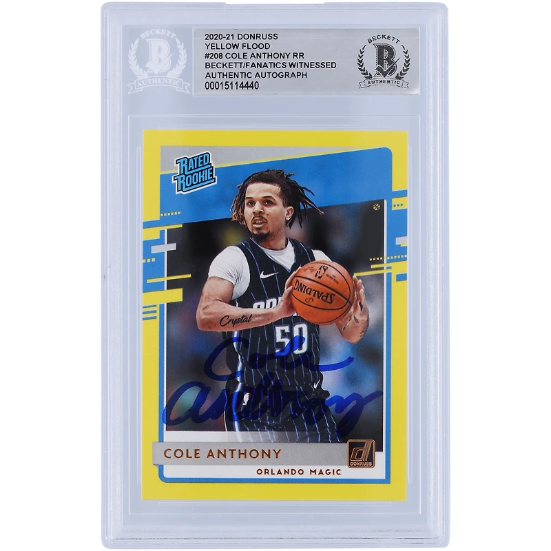 Cole Anthony Orlando Magic Autographed 2020-21 Panini Donruss Yellow Flood Variation #208 Beckett Fanatics Witnessed Authenticated Rookie Card