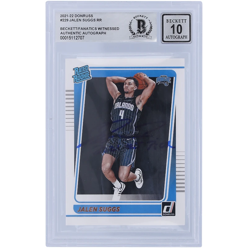 Jalen Suggs Orlando Magic Autographed 2021-22 Panini Donruss Rated Rookie #229 Beckett Fanatics Witnessed Authenticated 10 Rookie Card with "2021 #5 Pick" Inscription