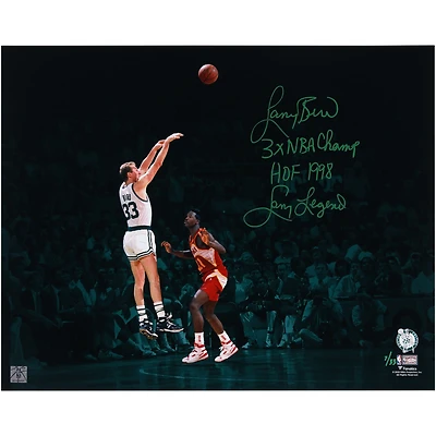 Larry Bird Boston Celtics Autographed 16" x 20" Shot Over Wilkins Green Spotlight Photograph with Multiple Inscriptions - Limited Edition of 33