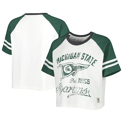 Women's Pressbox White Michigan State Spartans Melange Beaumont Cropped Raglan T-Shirt