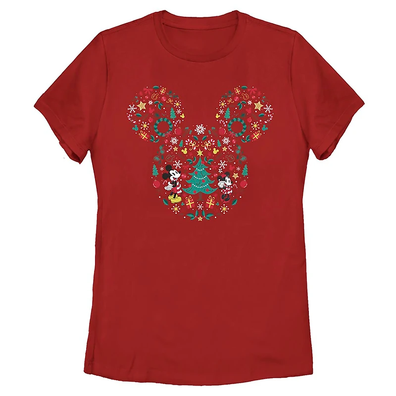 Women's Red Mickey Mouse Holiday Ears Logo T-Shirt
