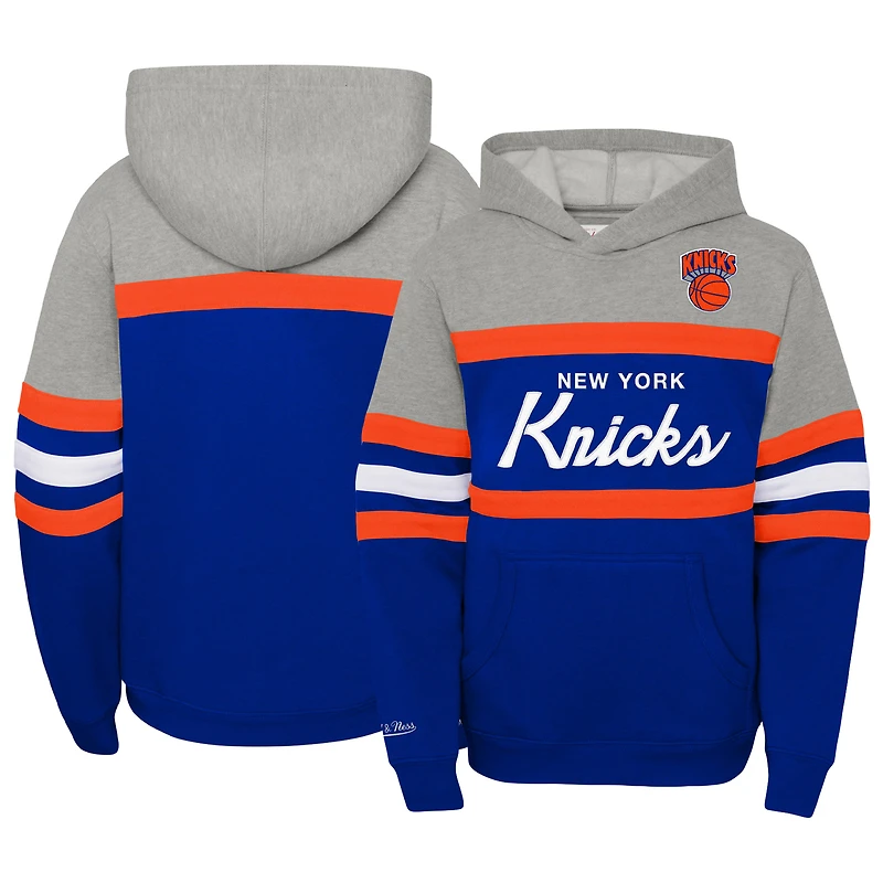 Youth Mitchell & Ness Blue/Heather Gray New York Knicks Hardwood Classics Head Coach Pullover Hoodie