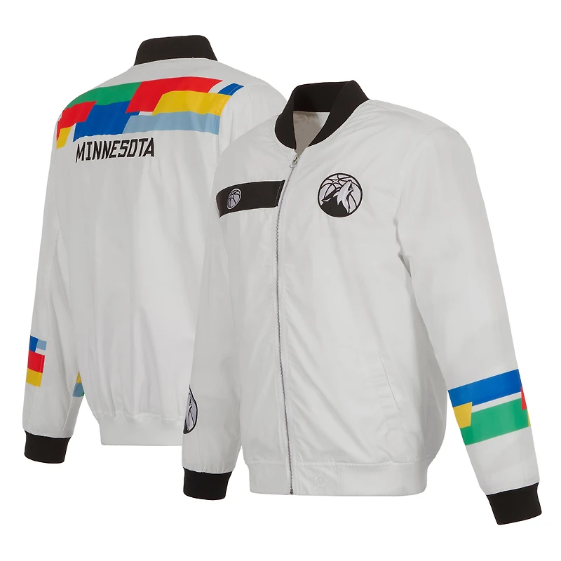 Men's JH Design White Minnesota Timberwolves 2022/23 City Edition Full-Zip Nylon Bomber Jacket
